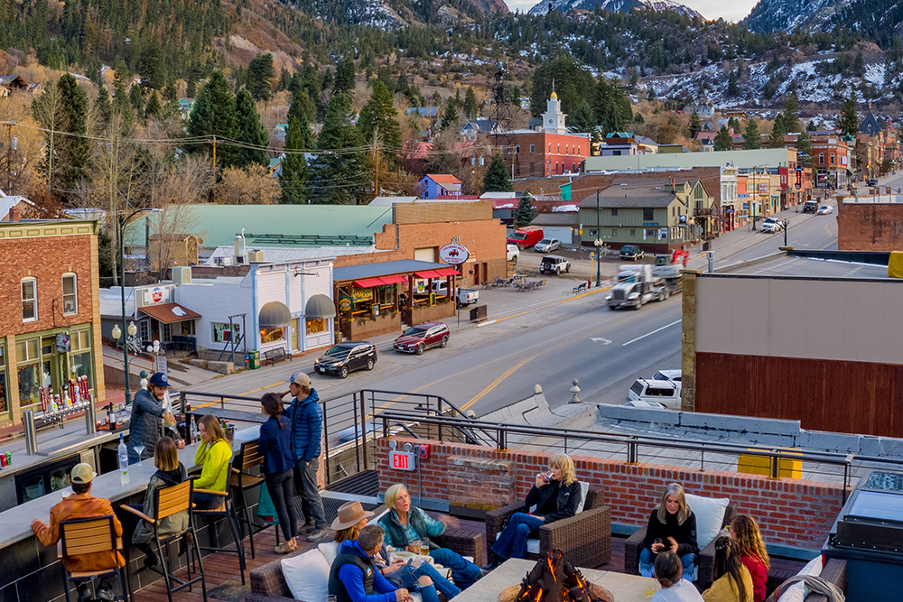 Arial view of the Imogene rooftop bar overlooking Ouray.